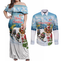 New Zealand and Australia Merry Christmas Couples Matching Off Shoulder Maxi Dress and Long Sleeve Button Shirt Kiwi Birds Skiing and Koala Santa Riding Kangaroo