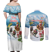 New Zealand and Australia Merry Christmas Couples Matching Off Shoulder Maxi Dress and Long Sleeve Button Shirt Kiwi Birds Skiing and Koala Santa Riding Kangaroo