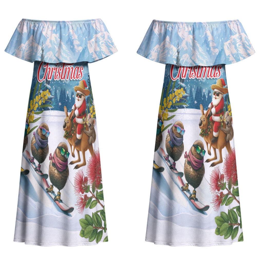 New Zealand and Australia Merry Christmas Couples Matching Off Shoulder Maxi Dress and Long Sleeve Button Shirt Kiwi Birds Skiing and Koala Santa Riding Kangaroo LT03 - Polynesian Pride