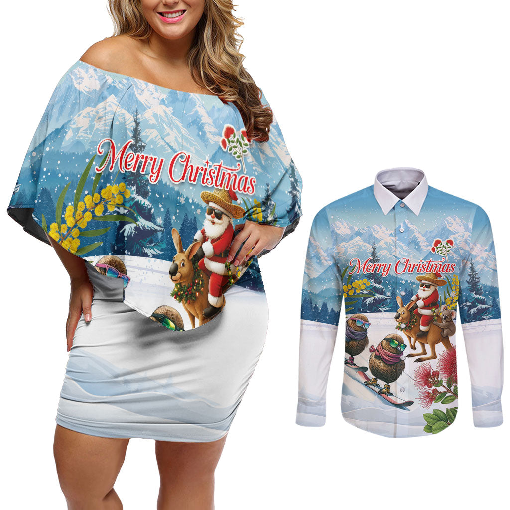 New Zealand and Australia Merry Christmas Couples Matching Off Shoulder Short Dress and Long Sleeve Button Shirt Kiwi Birds Skiing and Koala Santa Riding Kangaroo