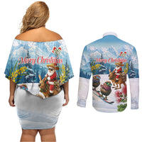 New Zealand and Australia Merry Christmas Couples Matching Off Shoulder Short Dress and Long Sleeve Button Shirt Kiwi Birds Skiing and Koala Santa Riding Kangaroo