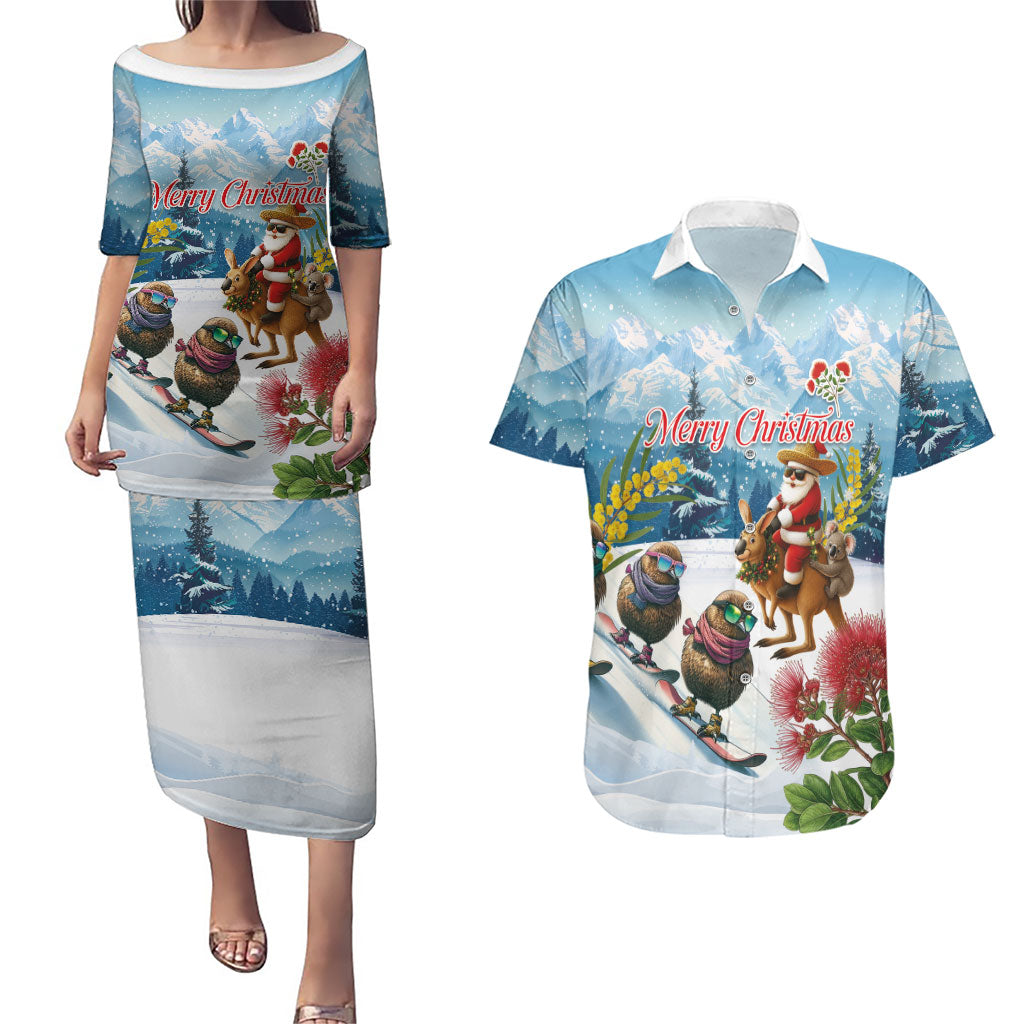 New Zealand and Australia Merry Christmas Couples Matching Puletasi and Hawaiian Shirt Kiwi Birds Skiing and Koala Santa Riding Kangaroo