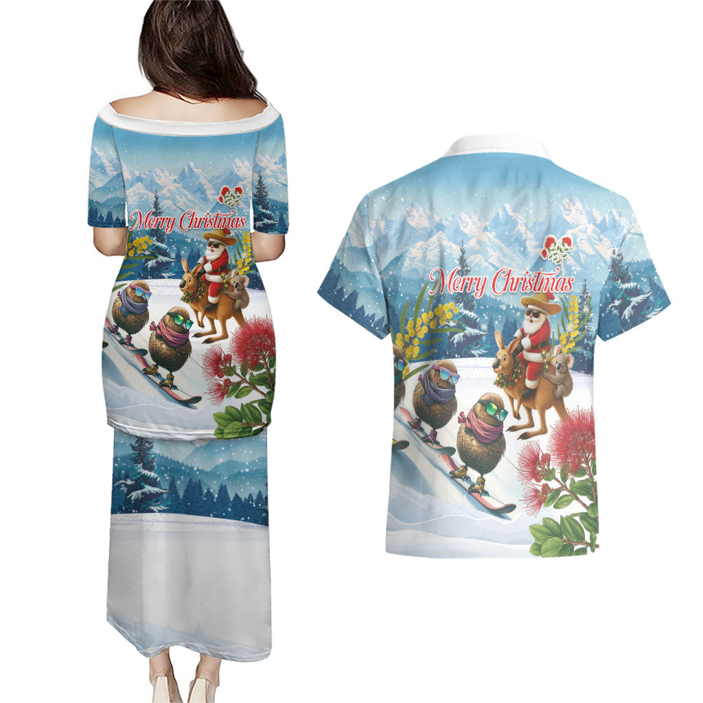 New Zealand and Australia Merry Christmas Couples Matching Puletasi and Hawaiian Shirt Kiwi Birds Skiing and Koala Santa Riding Kangaroo