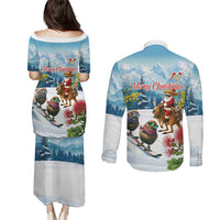 New Zealand and Australia Merry Christmas Couples Matching Puletasi and Long Sleeve Button Shirt Kiwi Birds Skiing and Koala Santa Riding Kangaroo