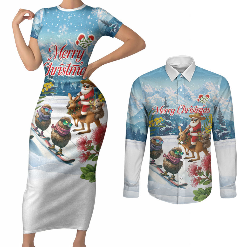 New Zealand and Australia Merry Christmas Couples Matching Short Sleeve Bodycon Dress and Long Sleeve Button Shirt Kiwi Birds Skiing and Koala Santa Riding Kangaroo LT03 Multicolor - Polynesian Pride