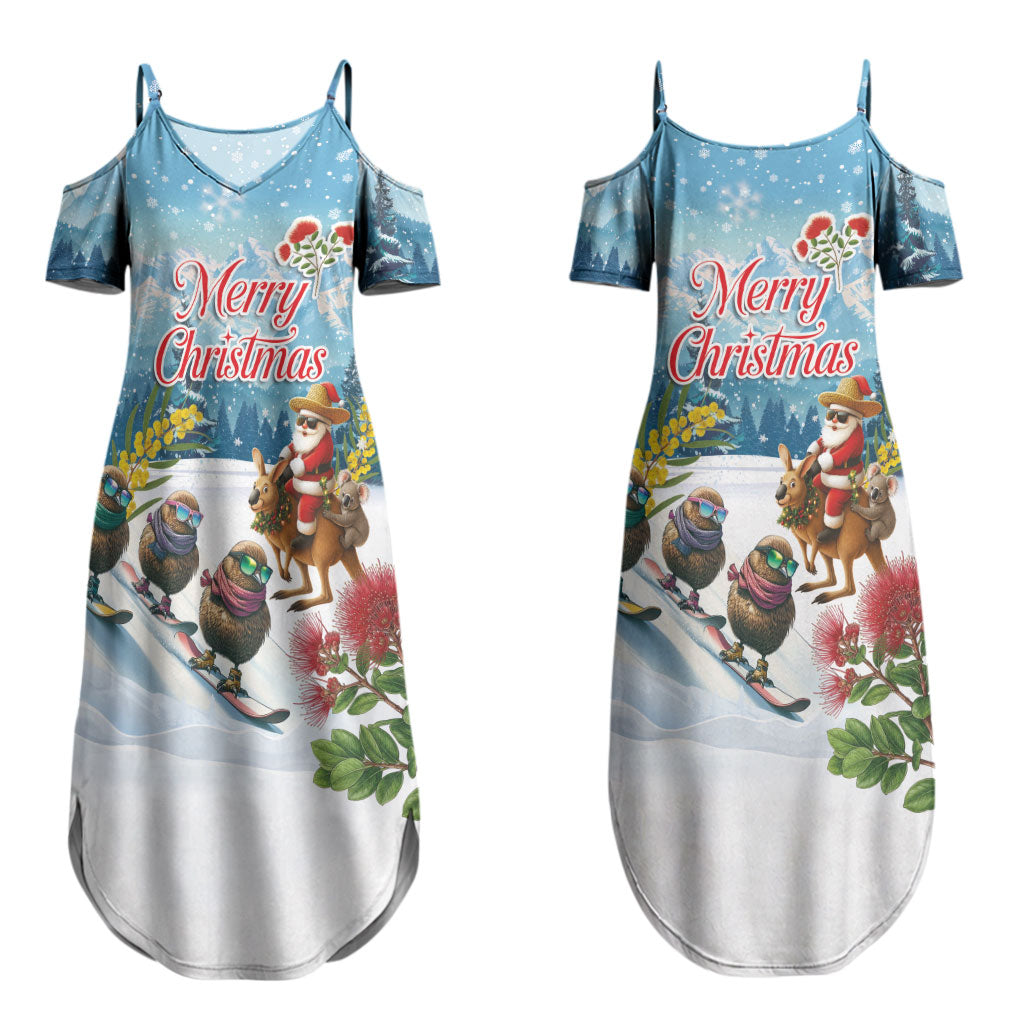 New Zealand and Australia Merry Christmas Couples Matching Summer Maxi Dress and Hawaiian Shirt Kiwi Birds Skiing and Koala Santa Riding Kangaroo LT03 - Polynesian Pride