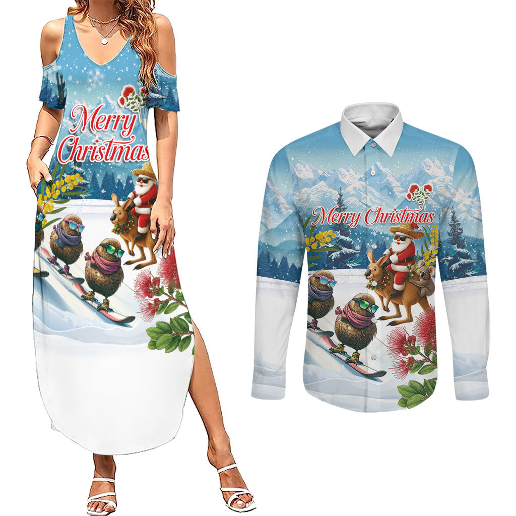 New Zealand and Australia Merry Christmas Couples Matching Summer Maxi Dress and Long Sleeve Button Shirt Kiwi Birds Skiing and Koala Santa Riding Kangaroo
