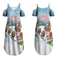 New Zealand and Australia Merry Christmas Couples Matching Summer Maxi Dress and Long Sleeve Button Shirt Kiwi Birds Skiing and Koala Santa Riding Kangaroo LT03 - Polynesian Pride