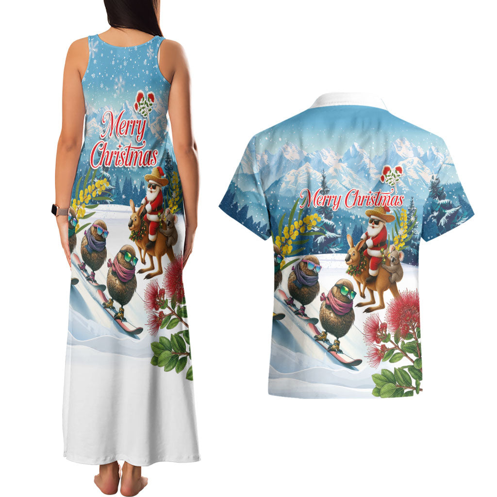 New Zealand and Australia Merry Christmas Couples Matching Tank Maxi Dress and Hawaiian Shirt Kiwi Birds Skiing and Koala Santa Riding Kangaroo