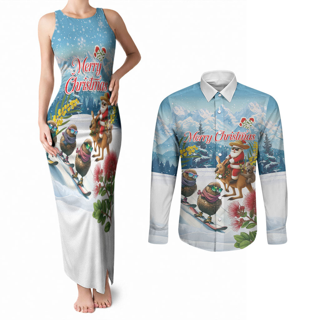 New Zealand and Australia Merry Christmas Couples Matching Tank Maxi Dress and Long Sleeve Button Shirt Kiwi Birds Skiing and Koala Santa Riding Kangaroo LT03 Multicolor - Polynesian Pride