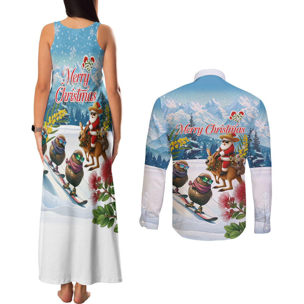 New Zealand and Australia Merry Christmas Couples Matching Tank Maxi Dress and Long Sleeve Button Shirt Kiwi Birds Skiing and Koala Santa Riding Kangaroo