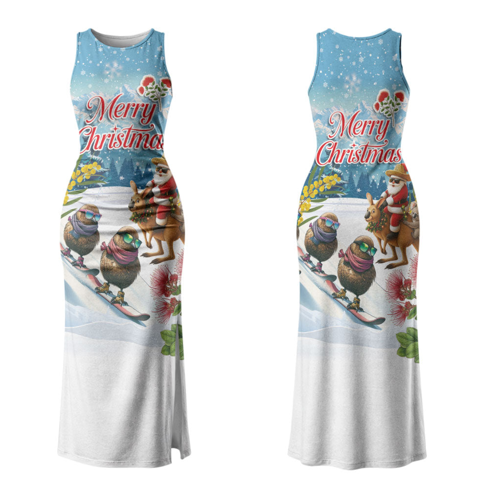 New Zealand and Australia Merry Christmas Couples Matching Tank Maxi Dress and Long Sleeve Button Shirt Kiwi Birds Skiing and Koala Santa Riding Kangaroo LT03 - Polynesian Pride
