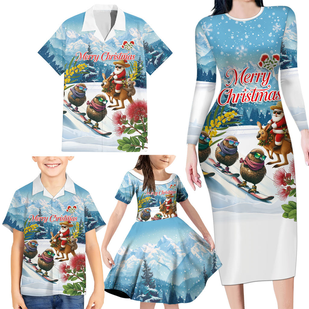New Zealand and Australia Merry Christmas Family Matching Long Sleeve Bodycon Dress and Hawaiian Shirt Kiwi Birds Skiing and Koala Santa Riding Kangaroo