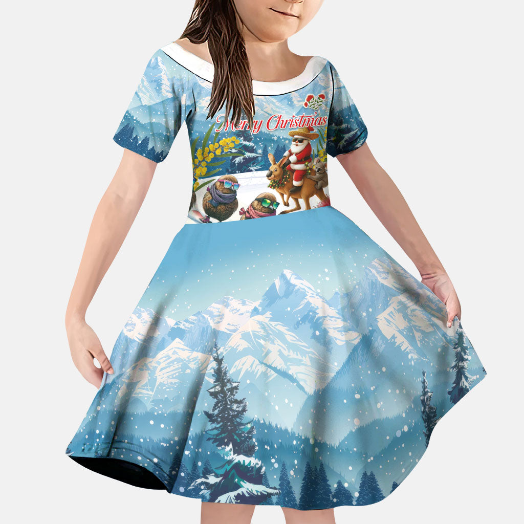 New Zealand and Australia Merry Christmas Family Matching Mermaid Dress and Hawaiian Shirt Kiwi Birds Skiing and Koala Santa Riding Kangaroo