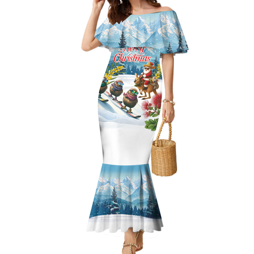 New Zealand and Australia Merry Christmas Family Matching Mermaid Dress and Hawaiian Shirt Kiwi Birds Skiing and Koala Santa Riding Kangaroo
