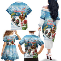 New Zealand and Australia Merry Christmas Family Matching Off The Shoulder Long Sleeve Dress and Hawaiian Shirt Kiwi Birds Skiing and Koala Santa Riding Kangaroo