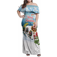 New Zealand and Australia Merry Christmas Family Matching Off Shoulder Maxi Dress and Hawaiian Shirt Kiwi Birds Skiing and Koala Santa Riding Kangaroo