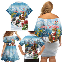 New Zealand and Australia Merry Christmas Family Matching Off Shoulder Short Dress and Hawaiian Shirt Kiwi Birds Skiing and Koala Santa Riding Kangaroo