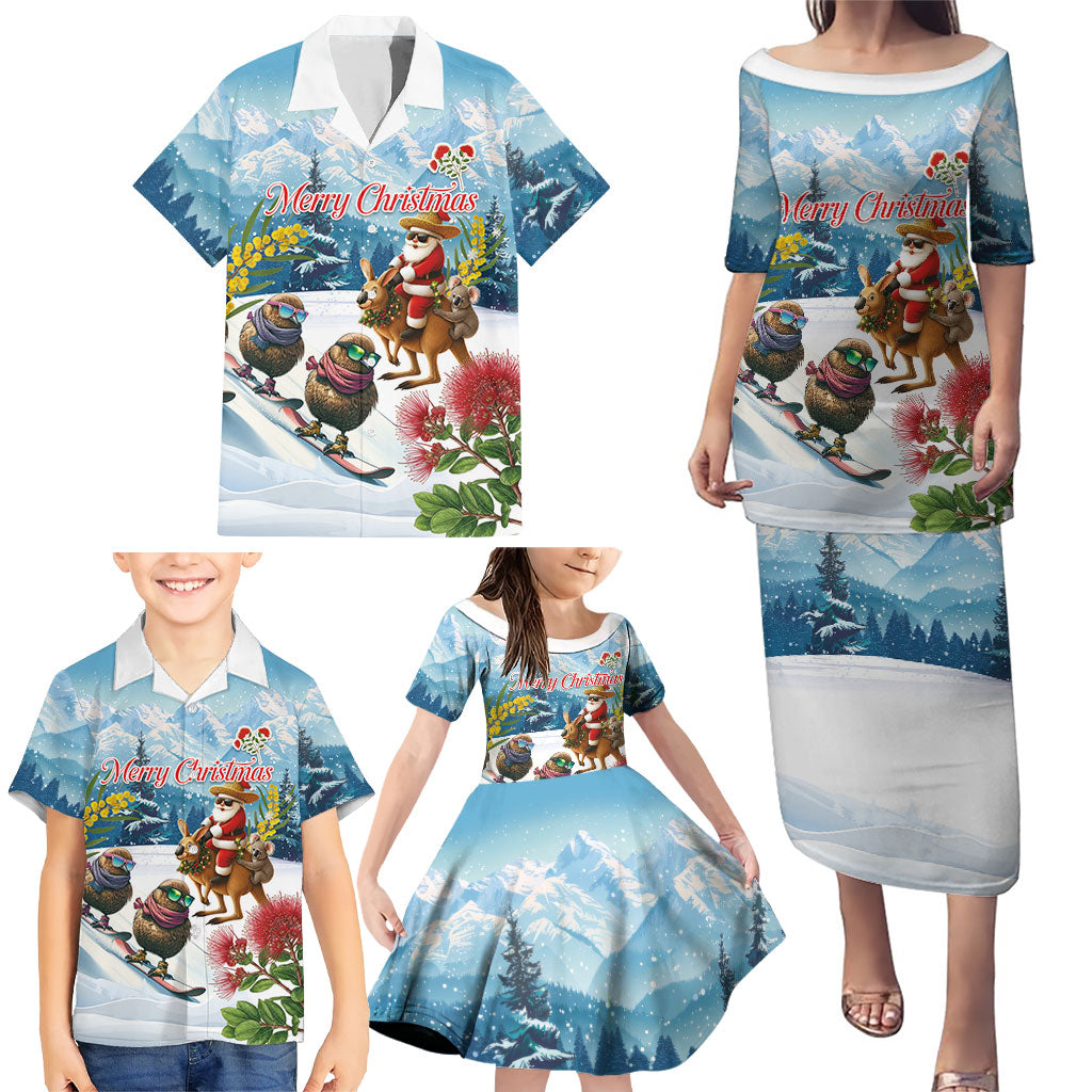 New Zealand and Australia Merry Christmas Family Matching Puletasi and Hawaiian Shirt Kiwi Birds Skiing and Koala Santa Riding Kangaroo