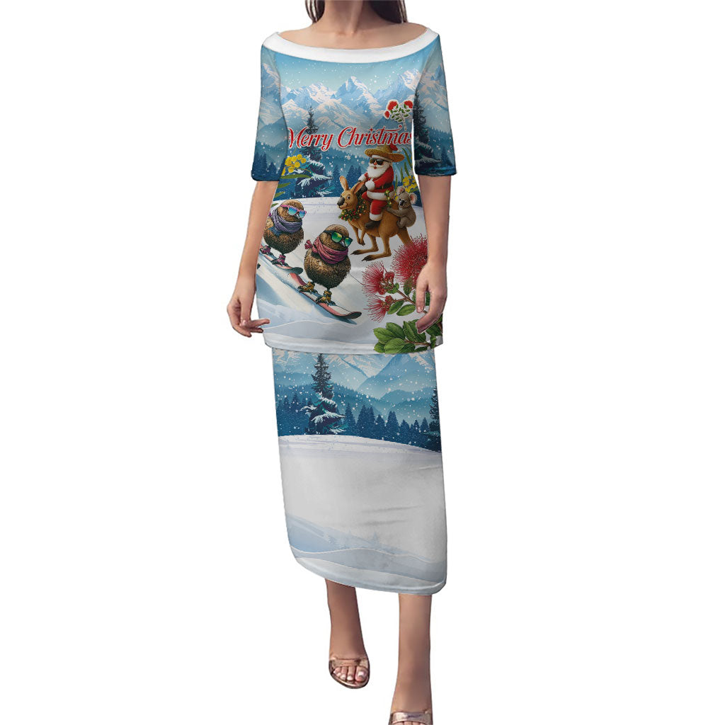 New Zealand and Australia Merry Christmas Family Matching Puletasi and Hawaiian Shirt Kiwi Birds Skiing and Koala Santa Riding Kangaroo