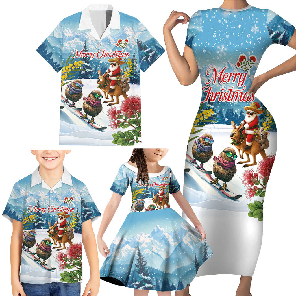 New Zealand and Australia Merry Christmas Family Matching Short Sleeve Bodycon Dress and Hawaiian Shirt Kiwi Birds Skiing and Koala Santa Riding Kangaroo