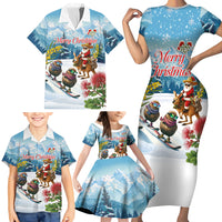 New Zealand and Australia Merry Christmas Family Matching Short Sleeve Bodycon Dress and Hawaiian Shirt Kiwi Birds Skiing and Koala Santa Riding Kangaroo