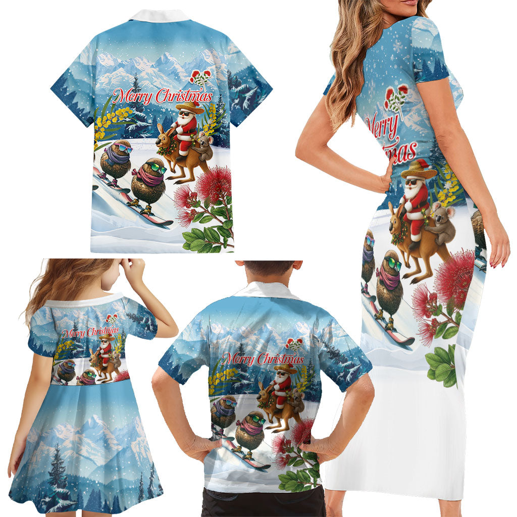 New Zealand and Australia Merry Christmas Family Matching Short Sleeve Bodycon Dress and Hawaiian Shirt Kiwi Birds Skiing and Koala Santa Riding Kangaroo