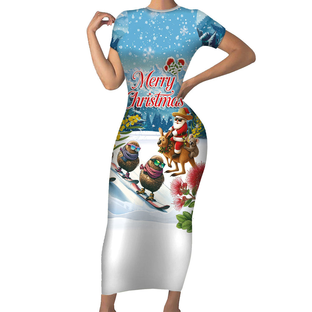 New Zealand and Australia Merry Christmas Family Matching Short Sleeve Bodycon Dress and Hawaiian Shirt Kiwi Birds Skiing and Koala Santa Riding Kangaroo