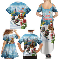 New Zealand and Australia Merry Christmas Family Matching Summer Maxi Dress and Hawaiian Shirt Kiwi Birds Skiing and Koala Santa Riding Kangaroo