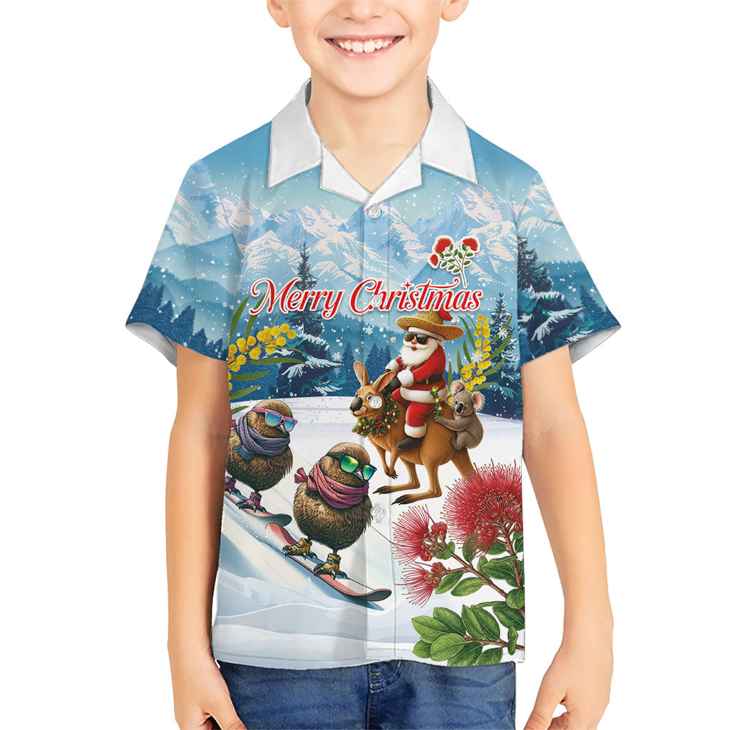 New Zealand and Australia Merry Christmas Family Matching Tank Maxi Dress and Hawaiian Shirt Kiwi Birds Skiing and Koala Santa Riding Kangaroo