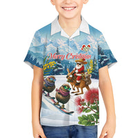 New Zealand and Australia Merry Christmas Family Matching Tank Maxi Dress and Hawaiian Shirt Kiwi Birds Skiing and Koala Santa Riding Kangaroo