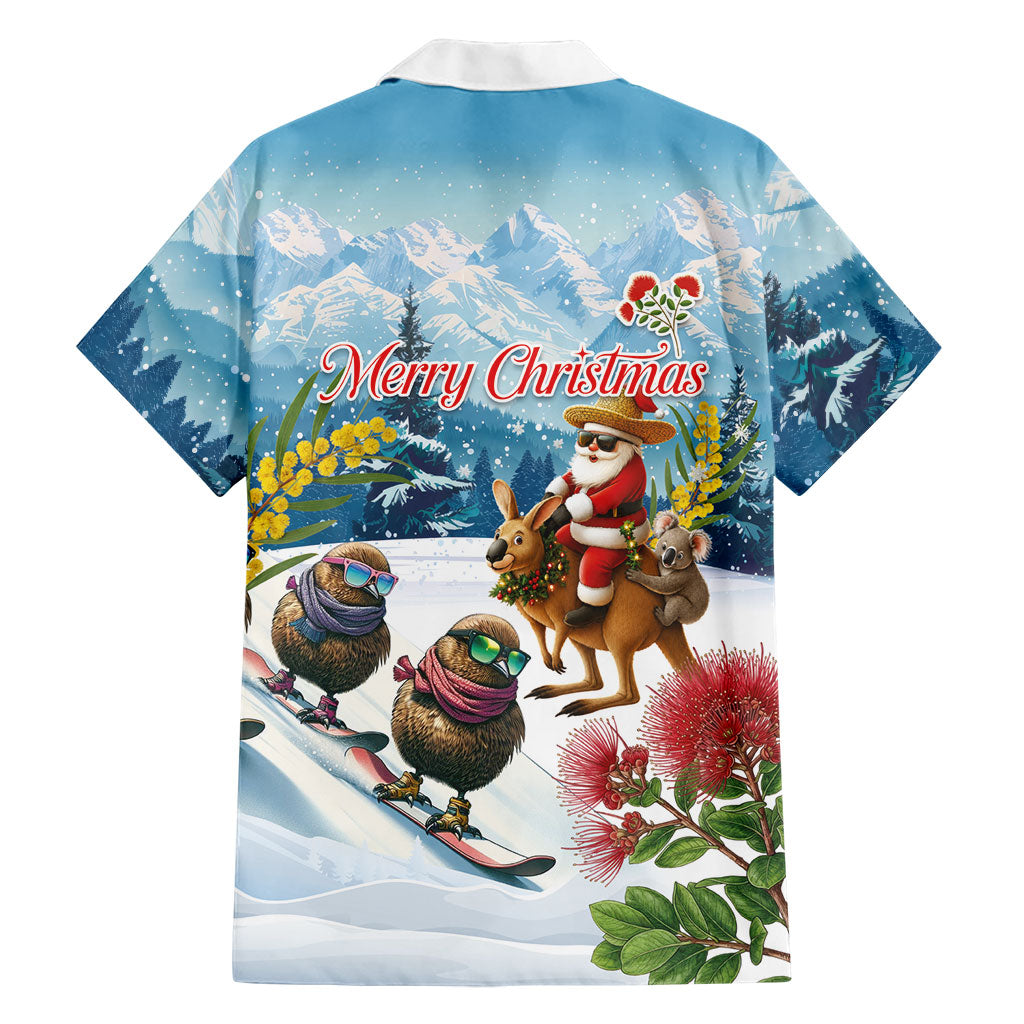 New Zealand and Australia Merry Christmas Hawaiian Shirt Kiwi Birds Skiing and Koala Santa Riding Kangaroo