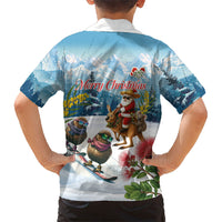 New Zealand and Australia Merry Christmas Hawaiian Shirt Kiwi Birds Skiing and Koala Santa Riding Kangaroo