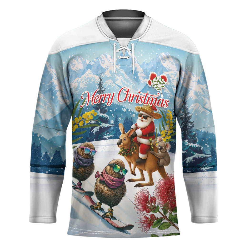New Zealand and Australia Merry Christmas Hockey Jersey Kiwi Birds Skiing and Koala Santa Riding Kangaroo