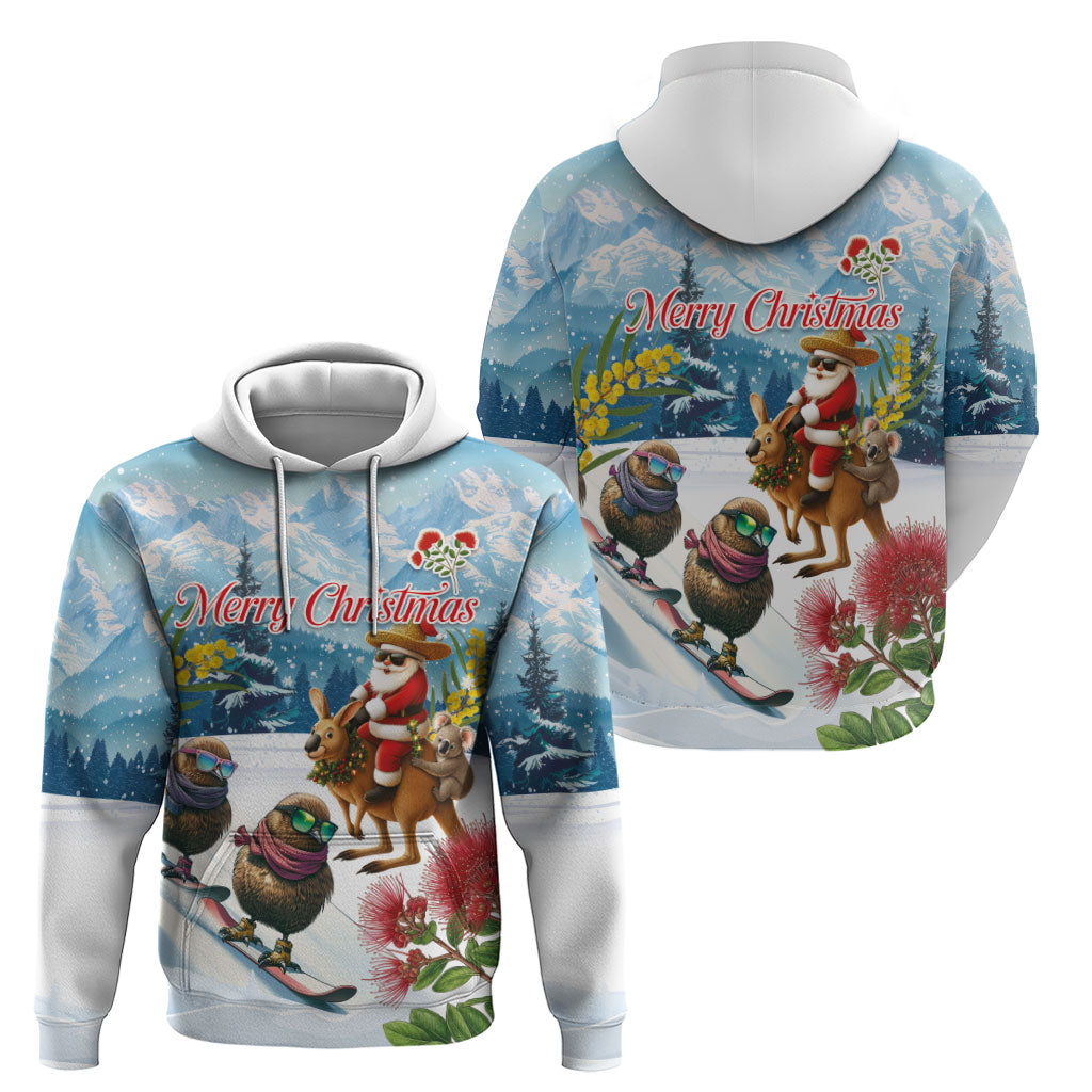 New Zealand and Australia Merry Christmas Hoodie Kiwi Birds Skiing and Koala Santa Riding Kangaroo