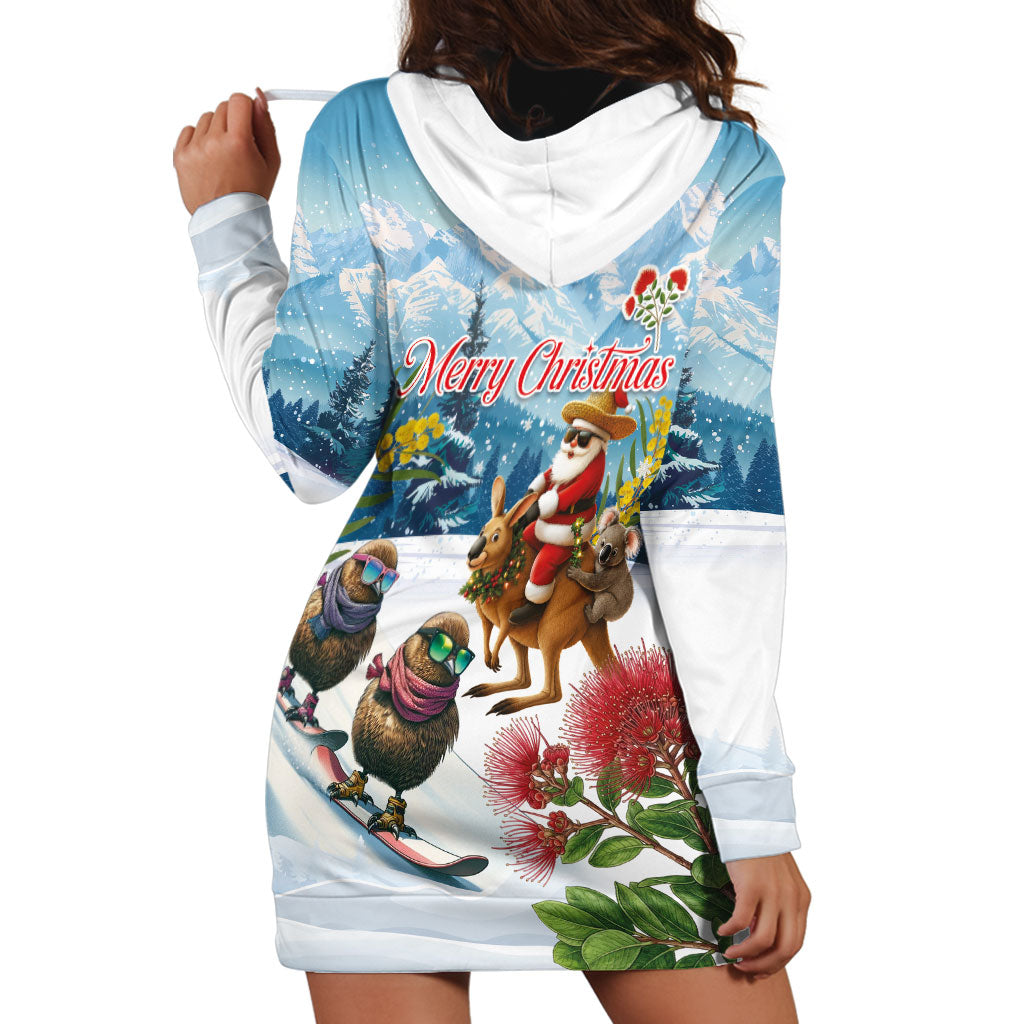 New Zealand and Australia Merry Christmas Hoodie Dress Kiwi Birds Skiing and Koala Santa Riding Kangaroo