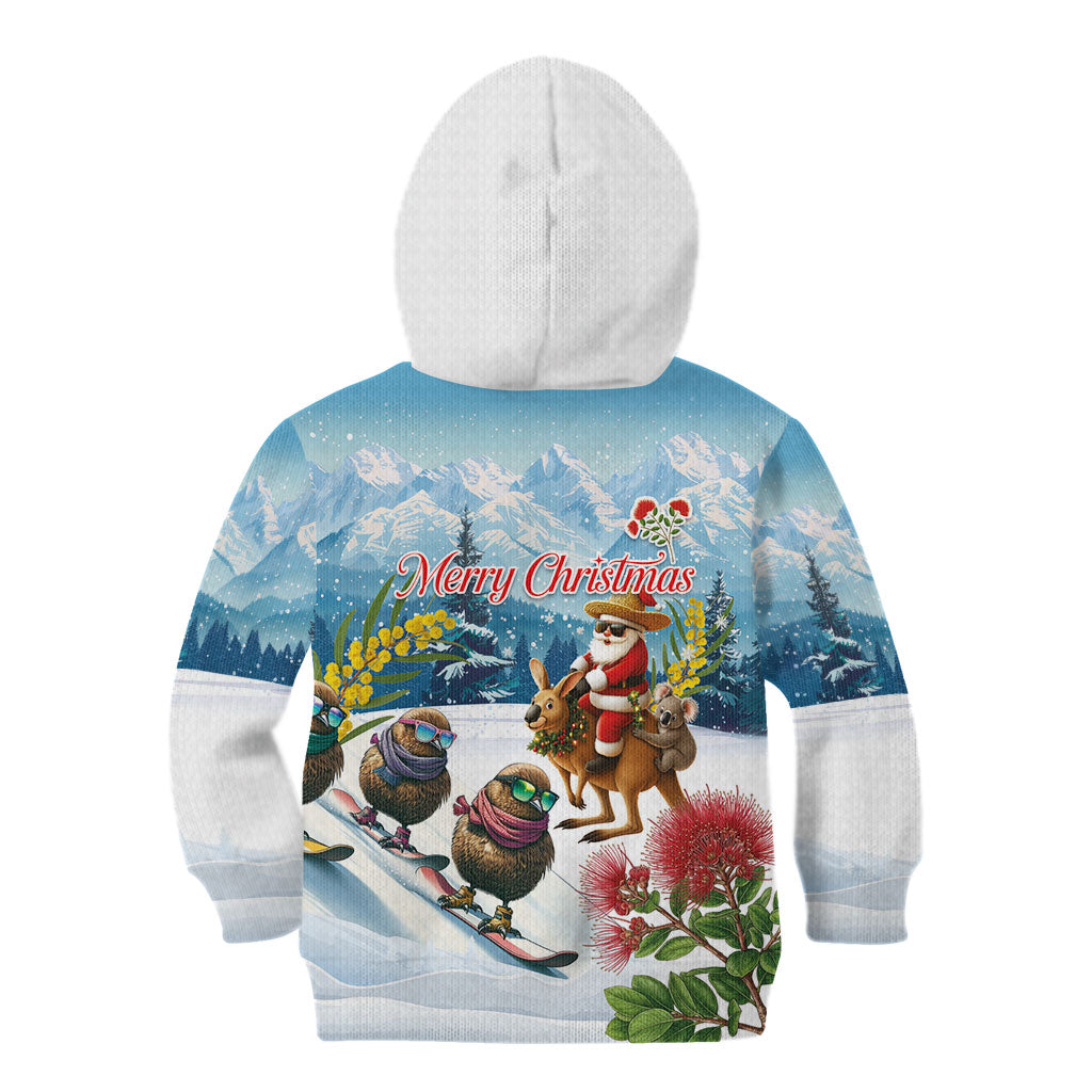 New Zealand and Australia Merry Christmas Kid Hoodie Kiwi Birds Skiing and Koala Santa Riding Kangaroo