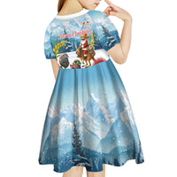 New Zealand and Australia Merry Christmas Kid Short Sleeve Dress Kiwi Birds Skiing and Koala Santa Riding Kangaroo