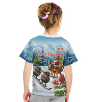New Zealand and Australia Merry Christmas Kid T Shirt Kiwi Birds Skiing and Koala Santa Riding Kangaroo