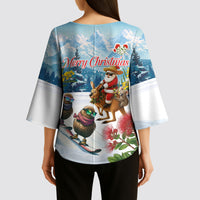 New Zealand and Australia Merry Christmas Kimono Sleeve Blouse Kiwi Birds Skiing and Koala Santa Riding Kangaroo