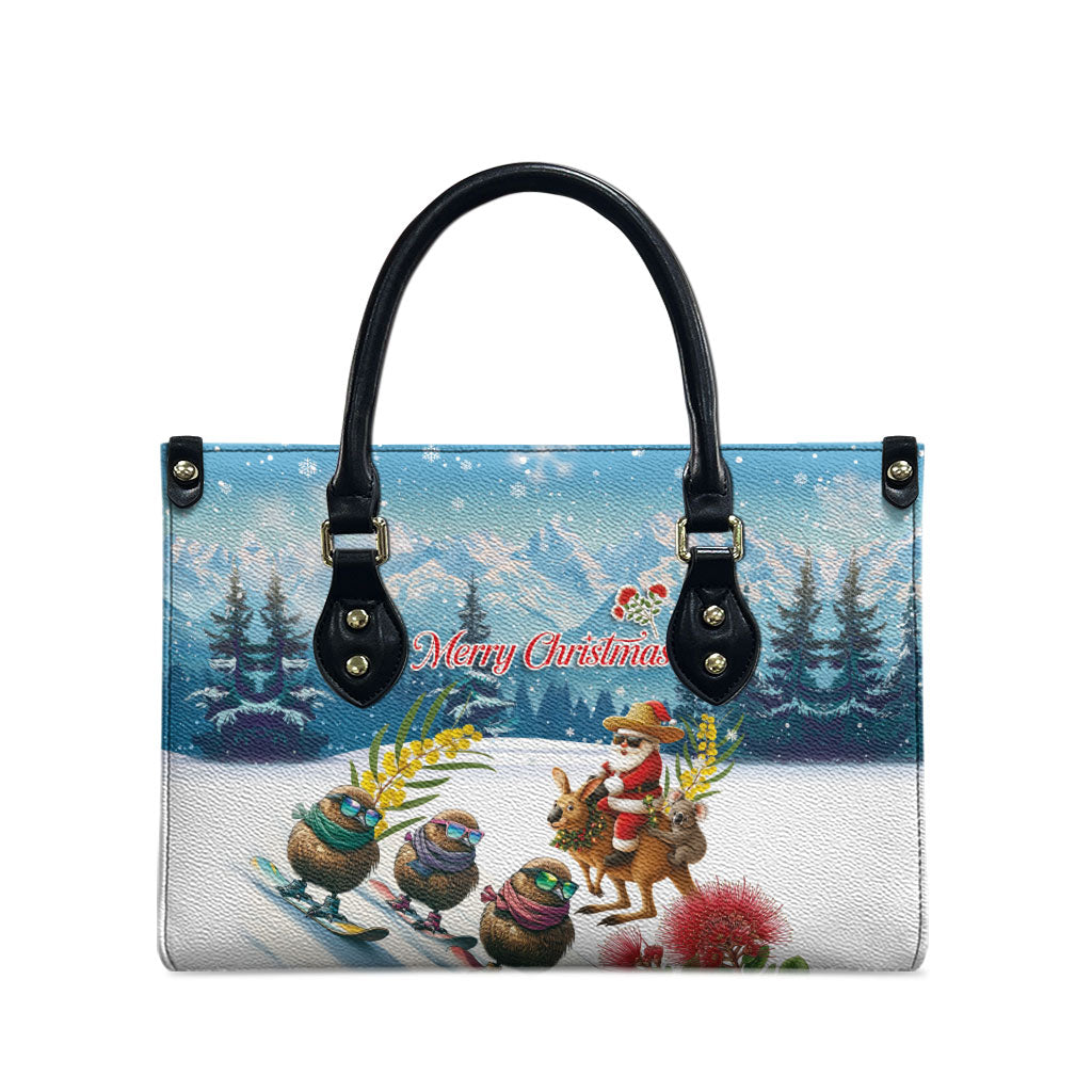 New Zealand and Australia Merry Christmas Leather Bag Kiwi Birds Skiing and Koala Santa Riding Kangaroo