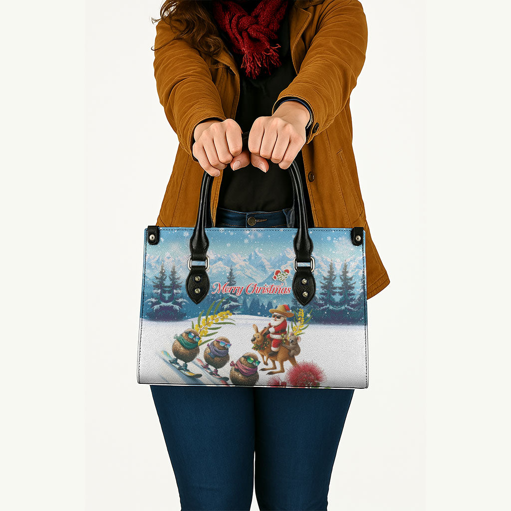 New Zealand and Australia Merry Christmas Leather Bag Kiwi Birds Skiing and Koala Santa Riding Kangaroo