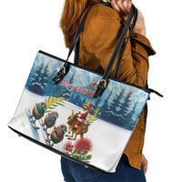 New Zealand and Australia Merry Christmas Leather Tote Bag Kiwi Birds Skiing and Koala Santa Riding Kangaroo