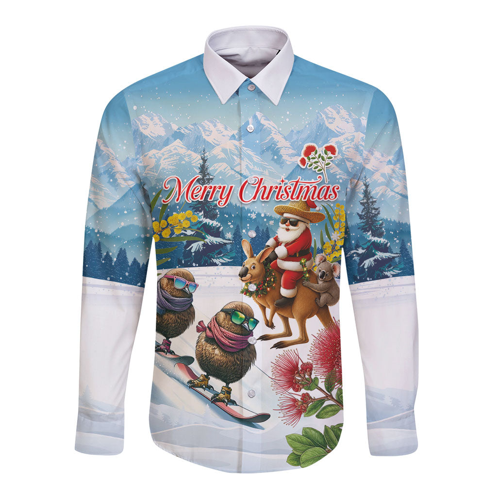 New Zealand and Australia Merry Christmas Long Sleeve Button Shirt Kiwi Birds Skiing and Koala Santa Riding Kangaroo
