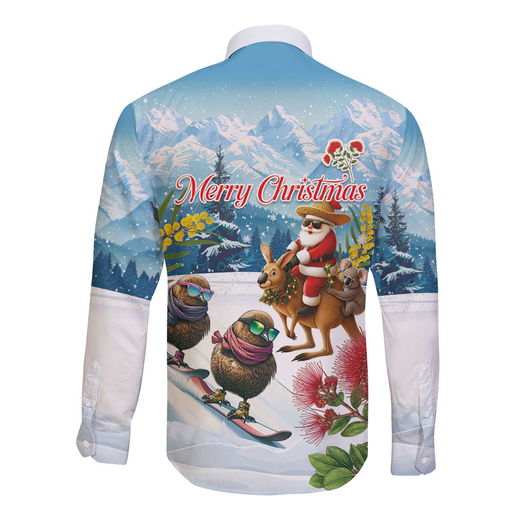 New Zealand and Australia Merry Christmas Long Sleeve Button Shirt Kiwi Birds Skiing and Koala Santa Riding Kangaroo