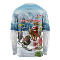 New Zealand and Australia Merry Christmas Long Sleeve Shirt Kiwi Birds Skiing and Koala Santa Riding Kangaroo