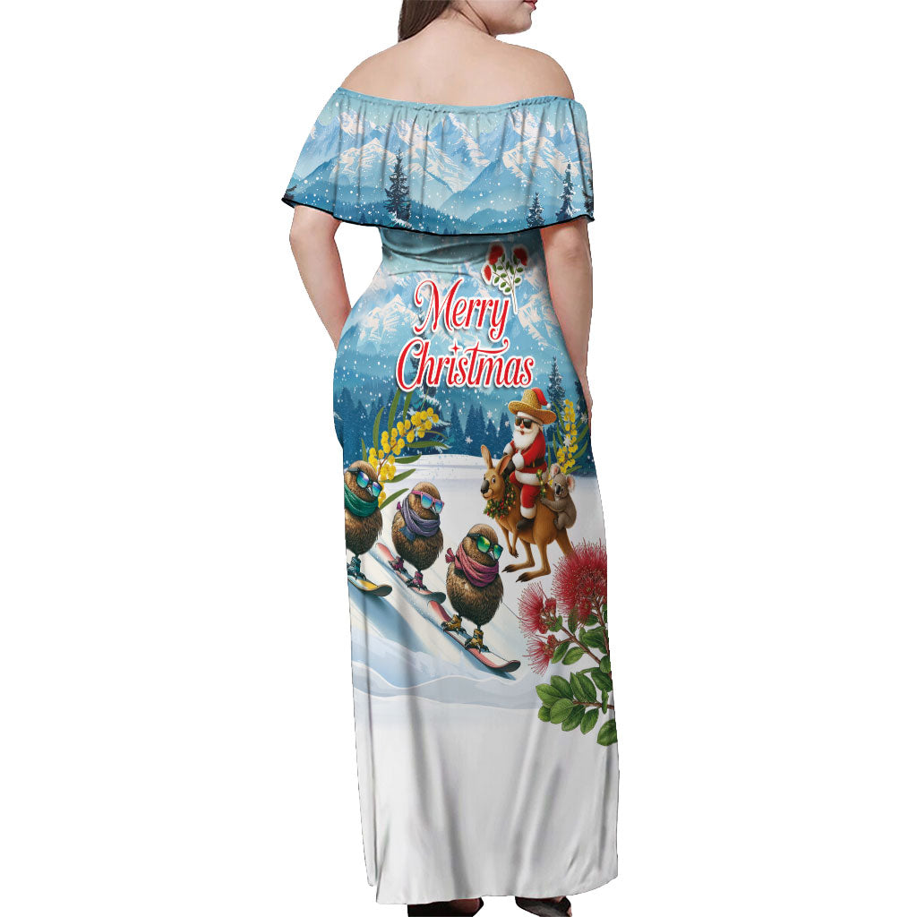 New Zealand and Australia Merry Christmas Off Shoulder Maxi Dress Kiwi Birds Skiing and Koala Santa Riding Kangaroo