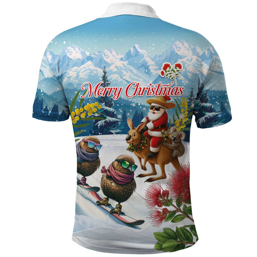 New Zealand and Australia Merry Christmas Polo Shirt Kiwi Birds Skiing and Koala Santa Riding Kangaroo