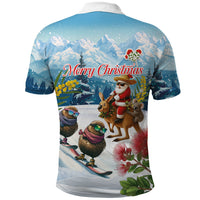 New Zealand and Australia Merry Christmas Polo Shirt Kiwi Birds Skiing and Koala Santa Riding Kangaroo