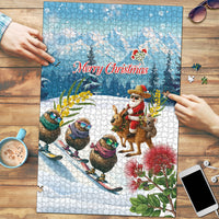 New Zealand and Australia Merry Christmas Puzzle Kiwi Birds Skiing and Koala Santa Riding Kangaroo
